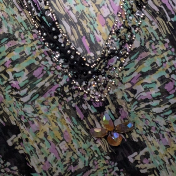 Ace Fashion Sheer V-Neck Tunic Blouse Abstract Flowy  Beaded Crystals Bohemian - Picture 13 of 16